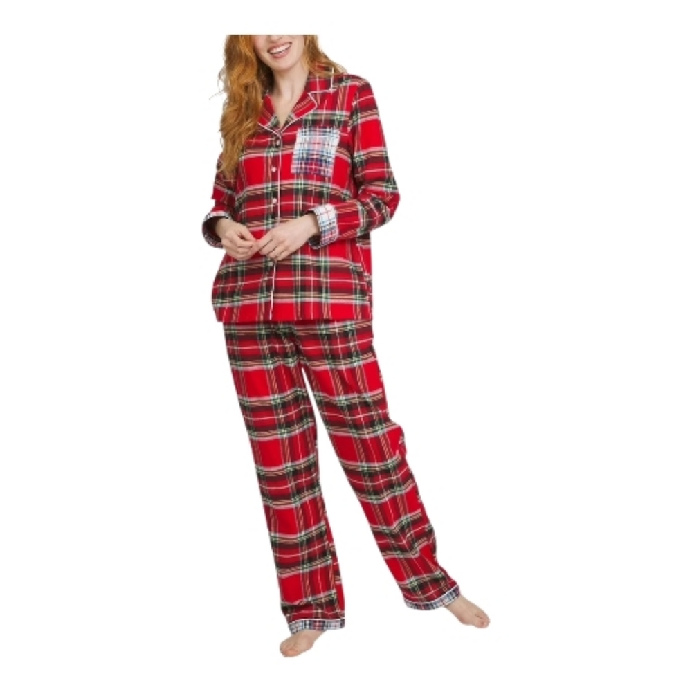 Lands' End NWT Pajama Set 2pc Size XL 100% Cotton Red Tartan Flannel Christmas